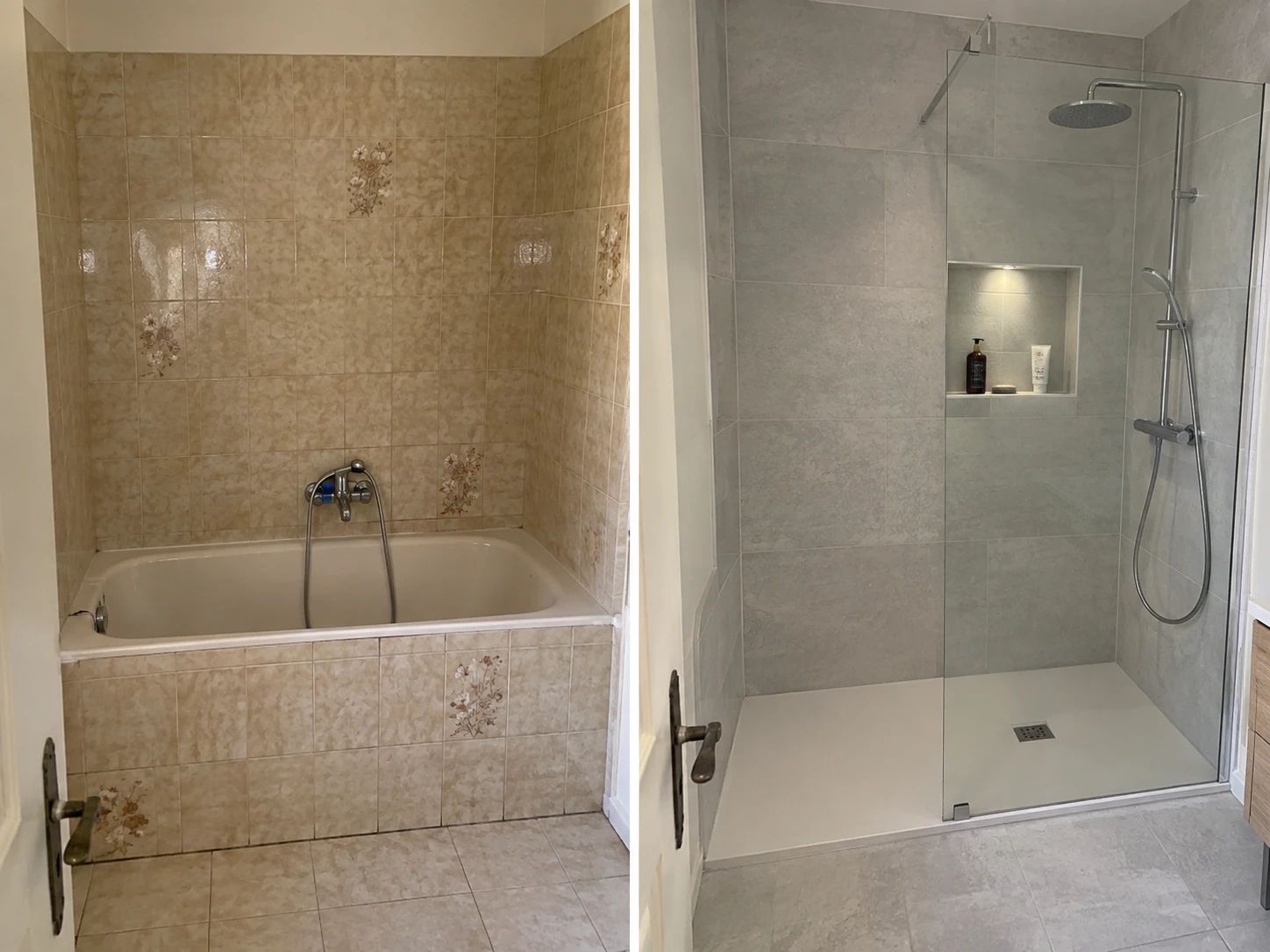 Avant / après : baignoire carrelée remplacée par une douche avec receveur blanc, niche éclairée, colonne de douche et paroi vitrée
