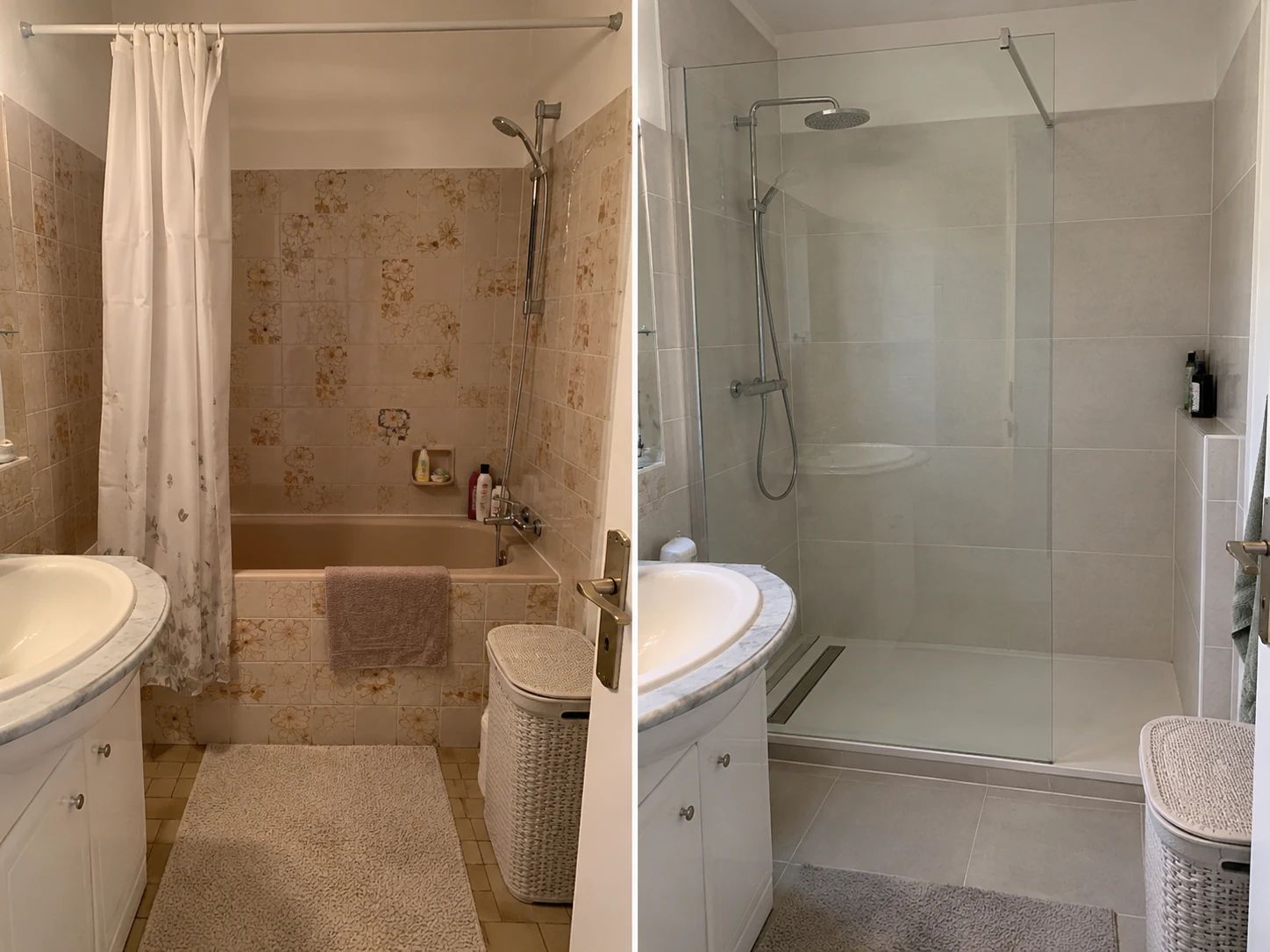 Avant / après : baignoire et faïence fleurie des années 80 remplacées par une douche avec receveur extra-plat, caniveau et paroi vitrée