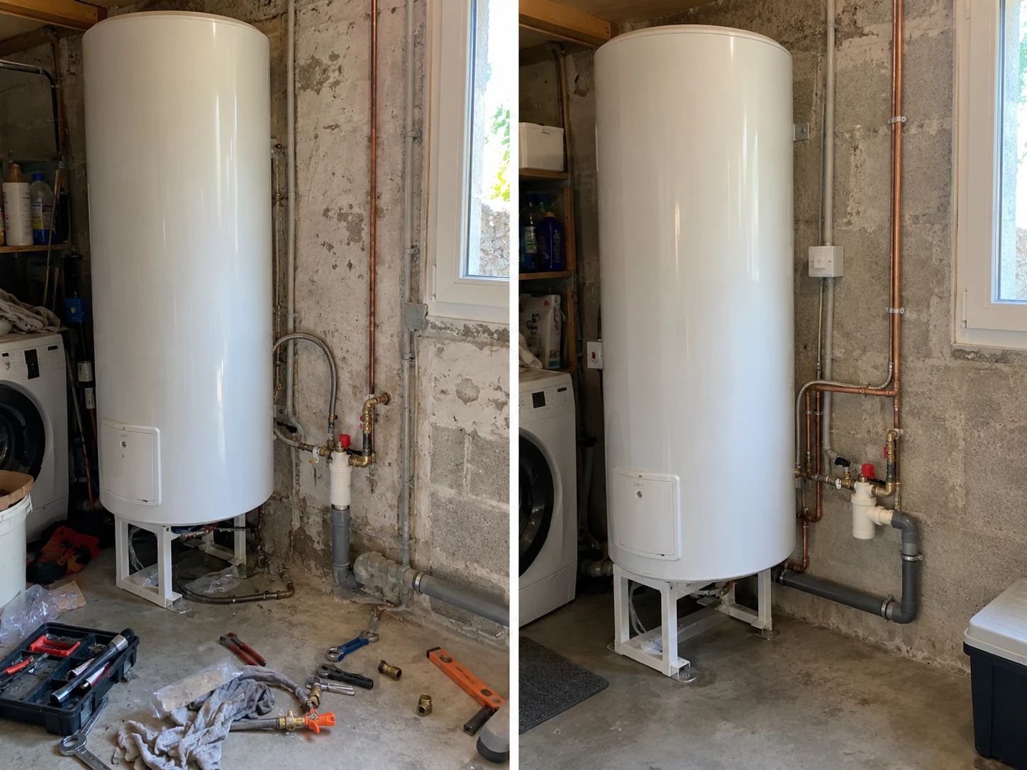 Avant / après : remplacement d’un chauffe-eau électrique sur trépied, raccordements cuivre, groupe de sécurité et évacuation PVC