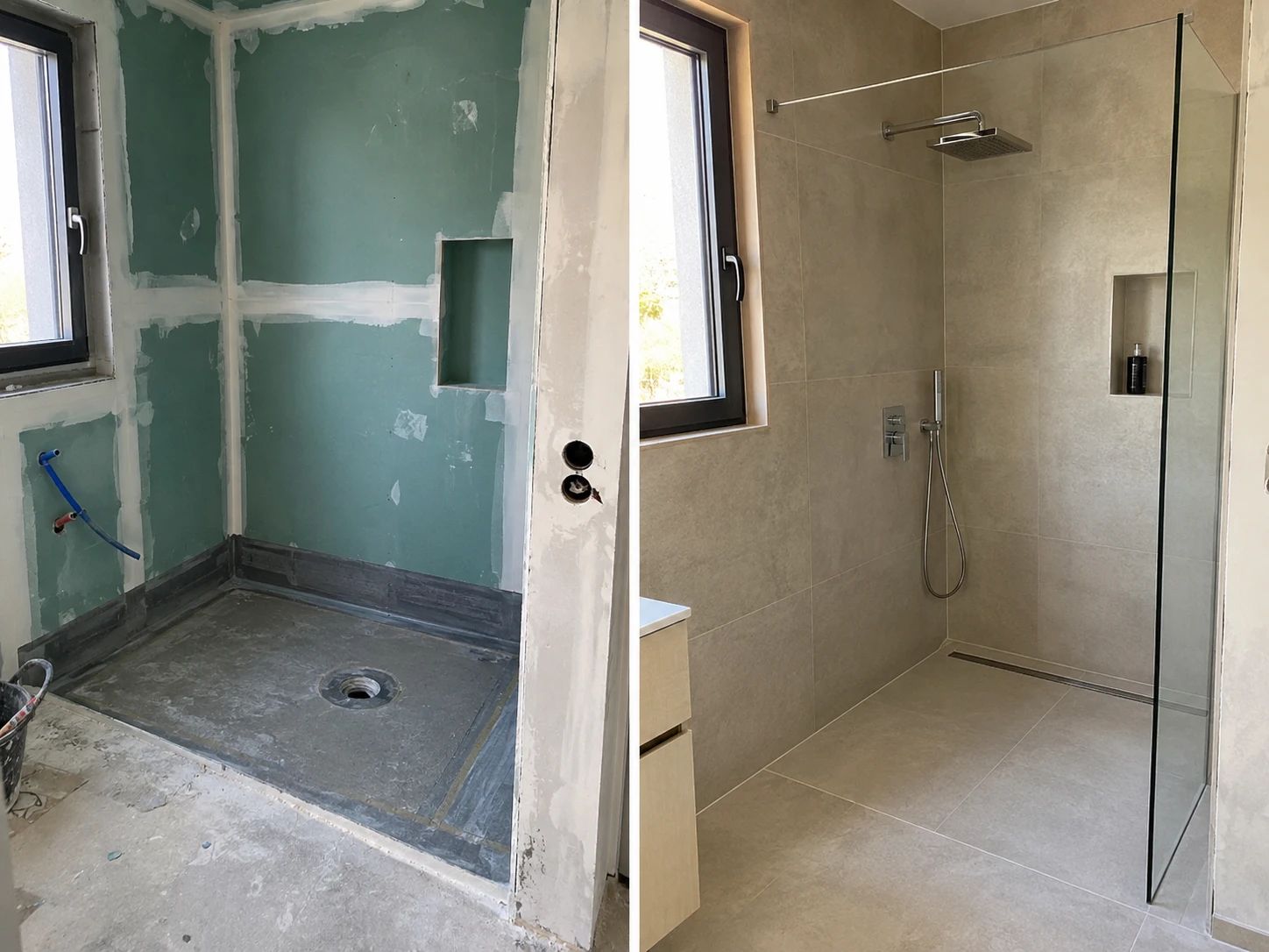 Avant / après : douche à l’italienne, étanchéité et plaques hydrofuges, puis carrelage grand format, niche et paroi vitrée
