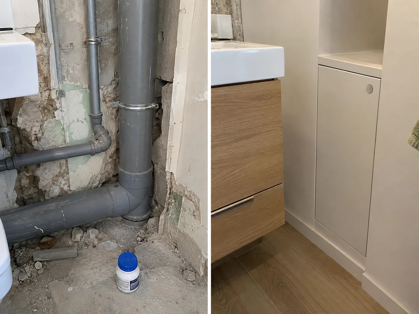 Avant / après : évacuations PVC reprises dans un mur ouvert, puis meuble vasque et coffrage de finition