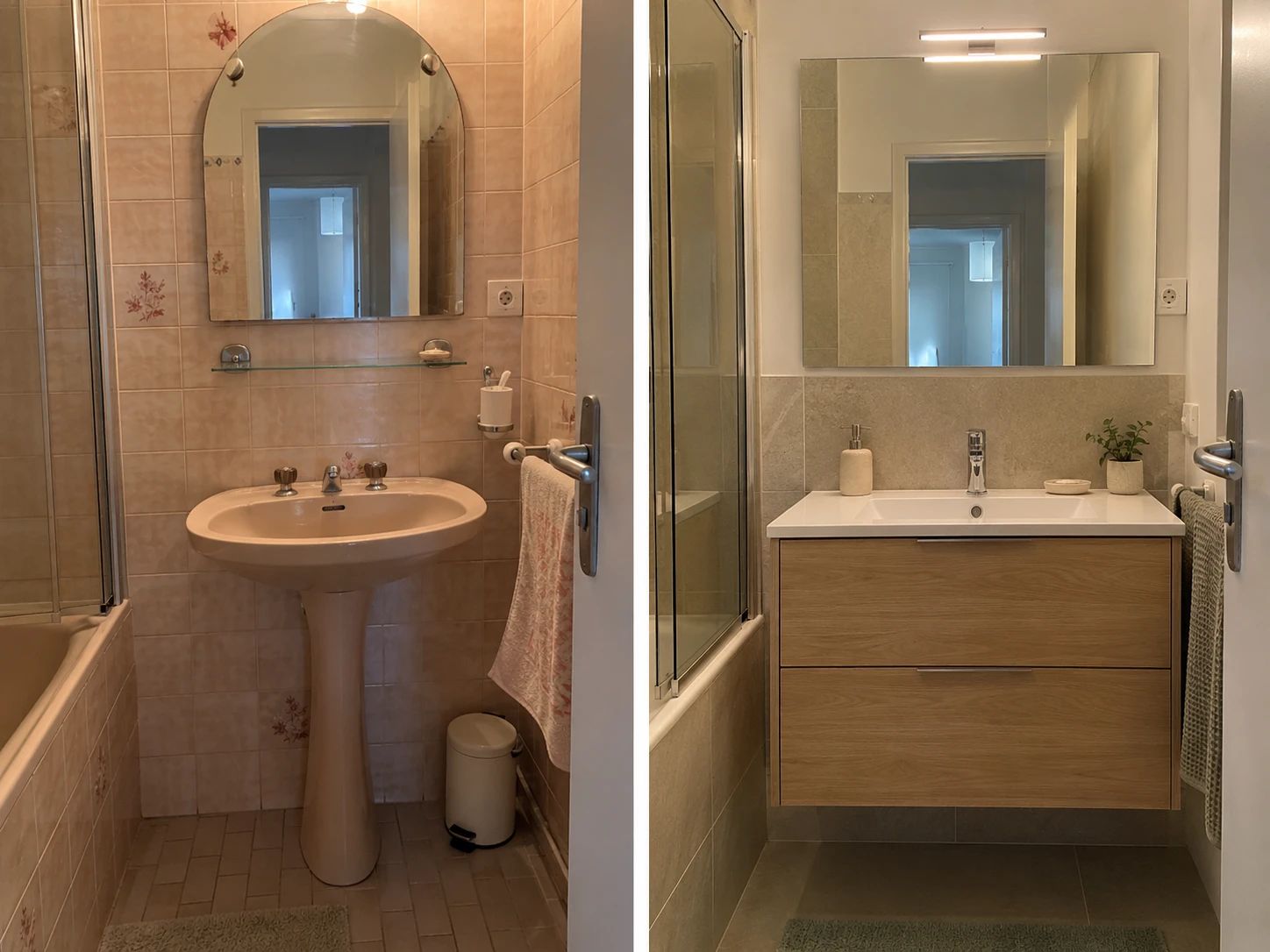 Avant / après : lavabo sur colonne et carrelage rose remplacés par un meuble vasque suspendu en bois, crédence et miroir