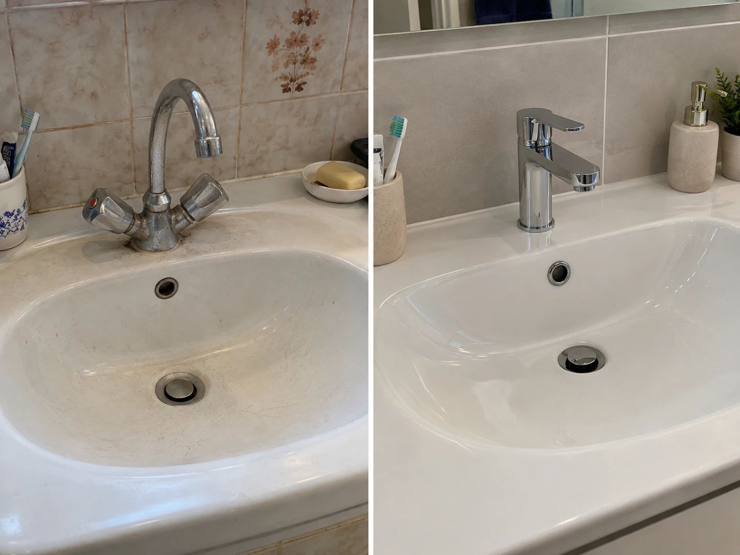 Avant / après : ancien lavabo avec mélangeur deux poignées remplacé par un plan vasque neuf et un mitigeur chromé