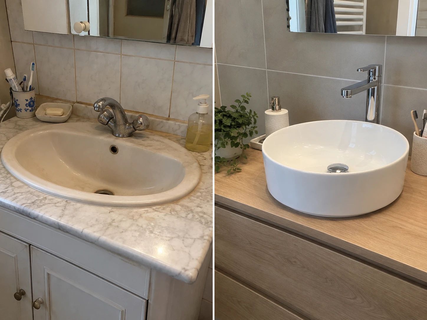 Avant / après : lavabo encastré dans un plan marbre remplacé par une vasque à poser ronde sur plan bois avec mitigeur haut