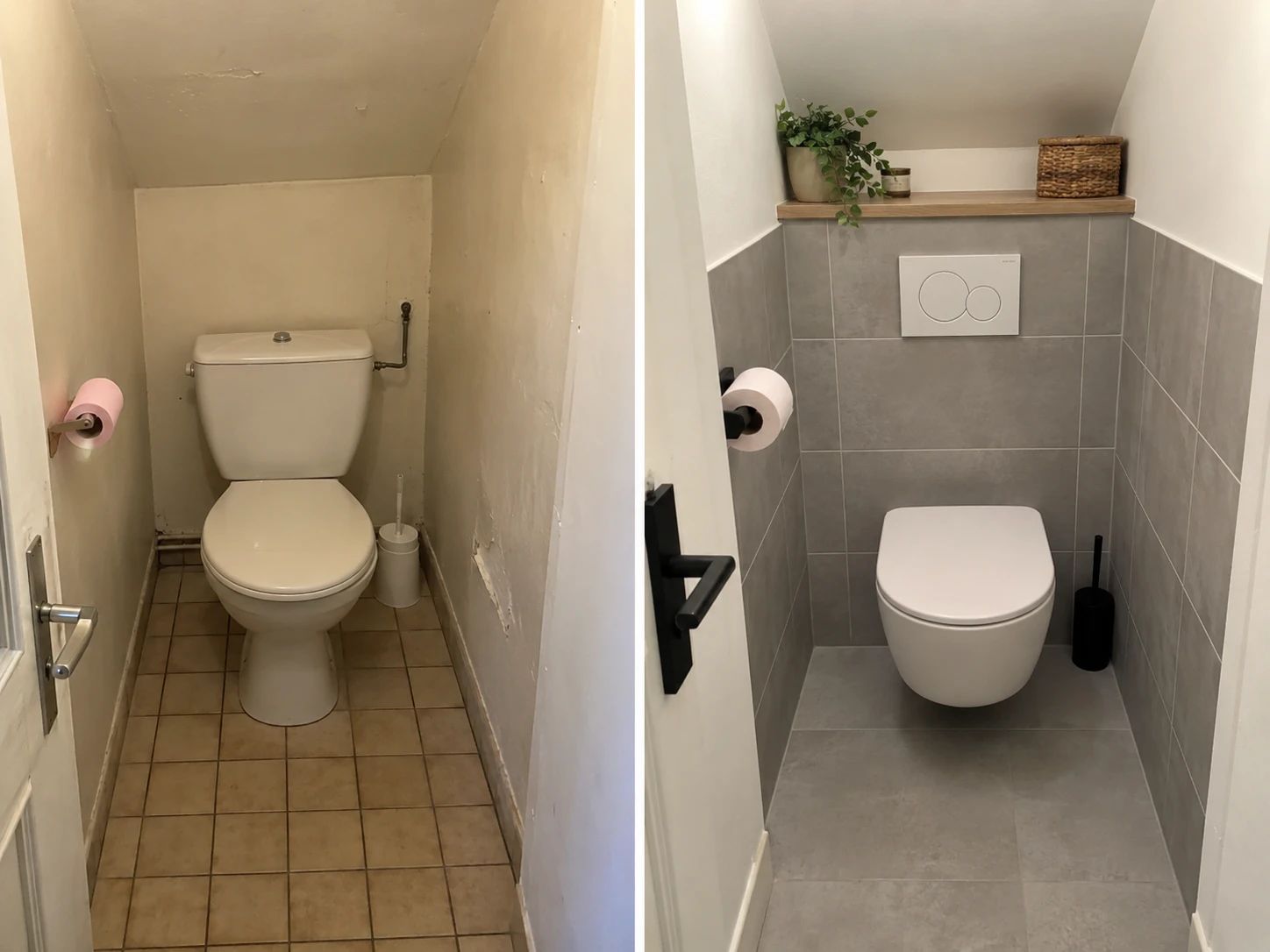 Avant / après : WC au sol sous escalier remplacé par un WC suspendu avec carrelage gris et tablette en bois