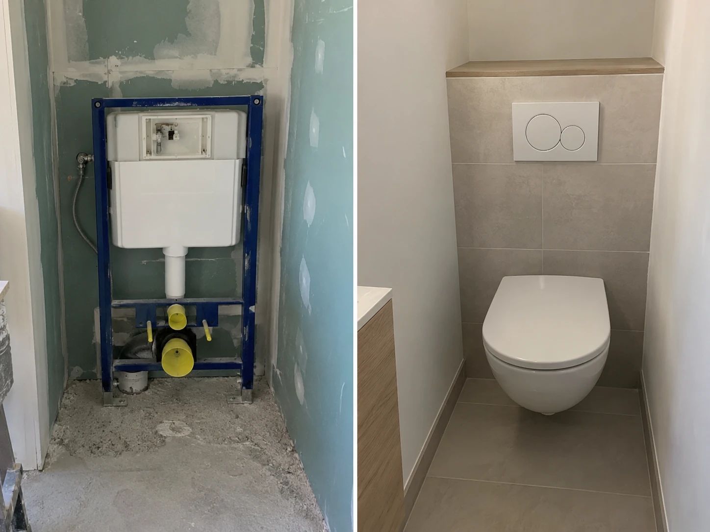 Avant / après : bâti-support de WC suspendu posé contre plaques hydrofuges, puis WC suspendu avec habillage carrelé et plaque de commande