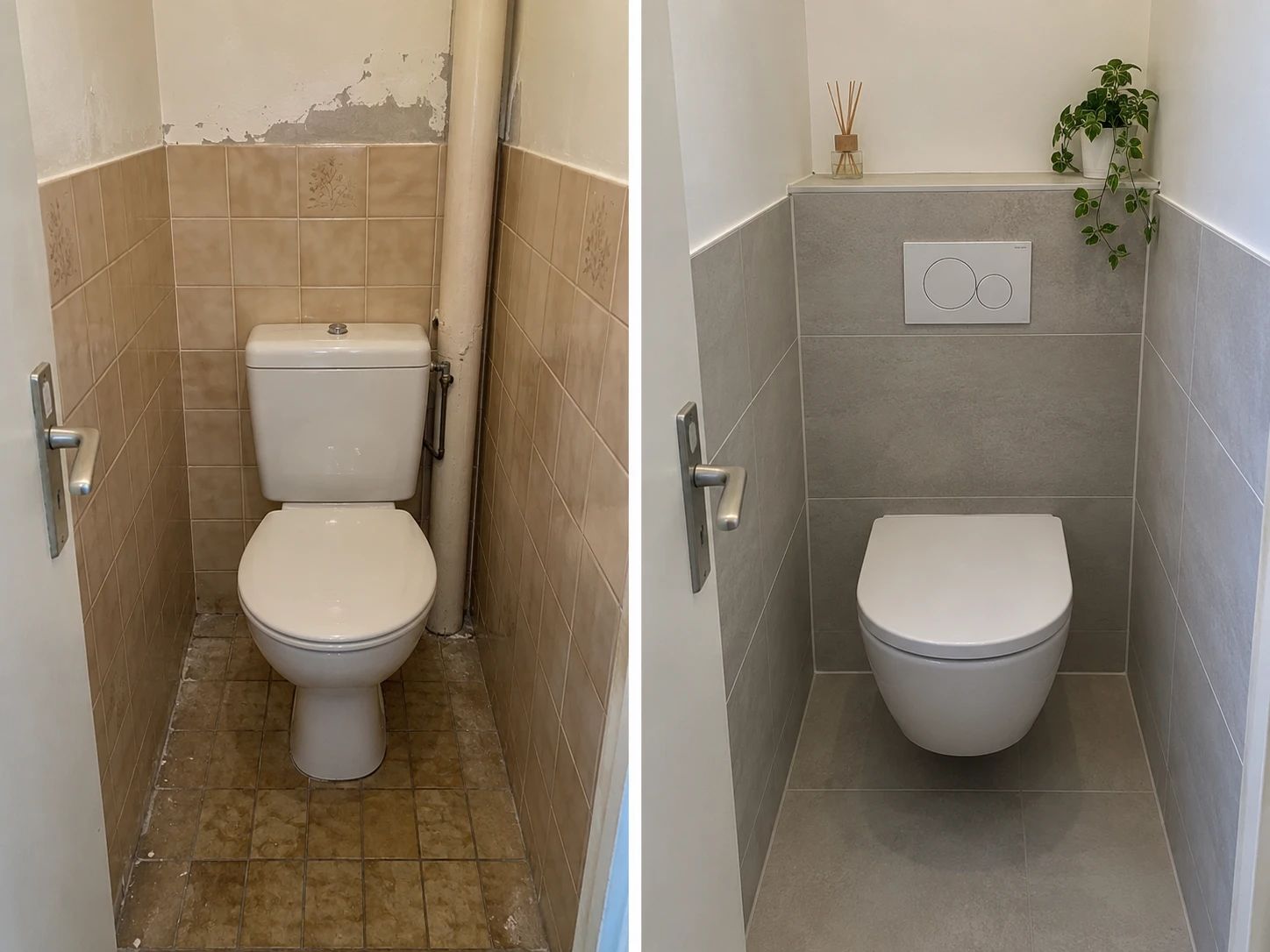 Avant / après : WC au sol et carrelage beige remplacés par un WC suspendu, habillage en carrelage gris et tablette